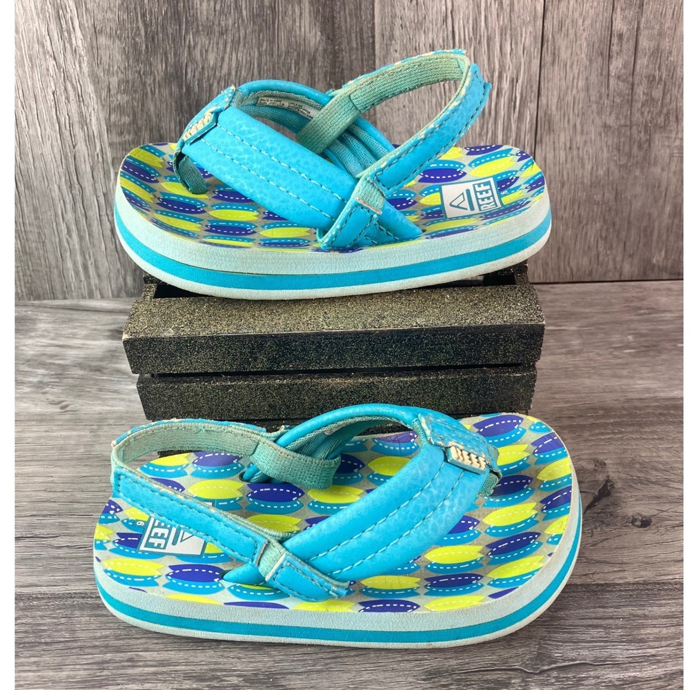 Reef Little Ahi Toddler Sandals Blue Surfboard Print Backstrap Flip Flops Size 6